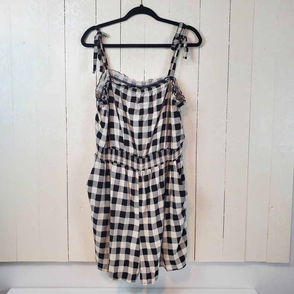 Torrid Romper Gingham Black Cream Shoulder Tie Pockets Size 2 XXL